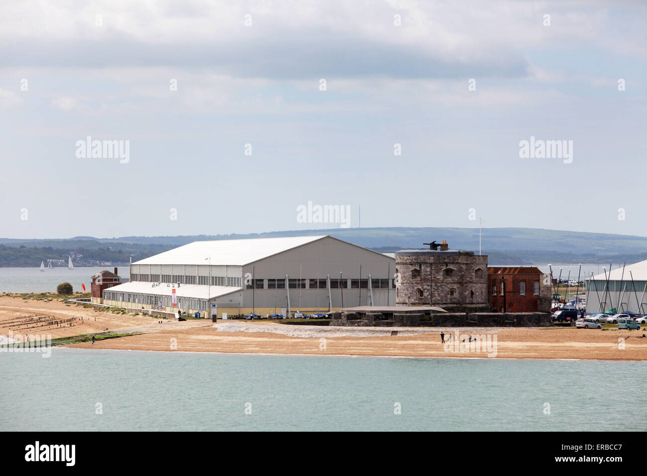 Calshot coastguard tower, Calshot Castle and Calshot Activity Centre on