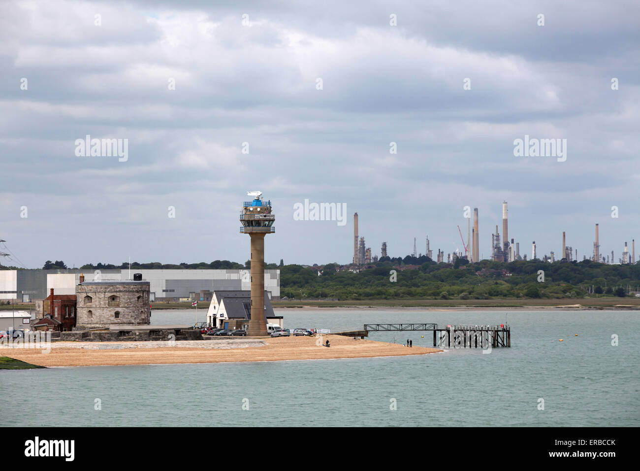 Calshot coastguard tower, Calshot Castle and Calshot Activity Centre on Calshot Spit in Hampshire UK Stock Photo