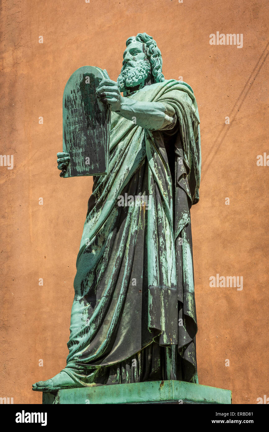 Statue of Moses by H.W. Bissen – in front of The Church of Our Lady (Copenhagen Cathedral), Copenhagen, Denmark Stock Photo