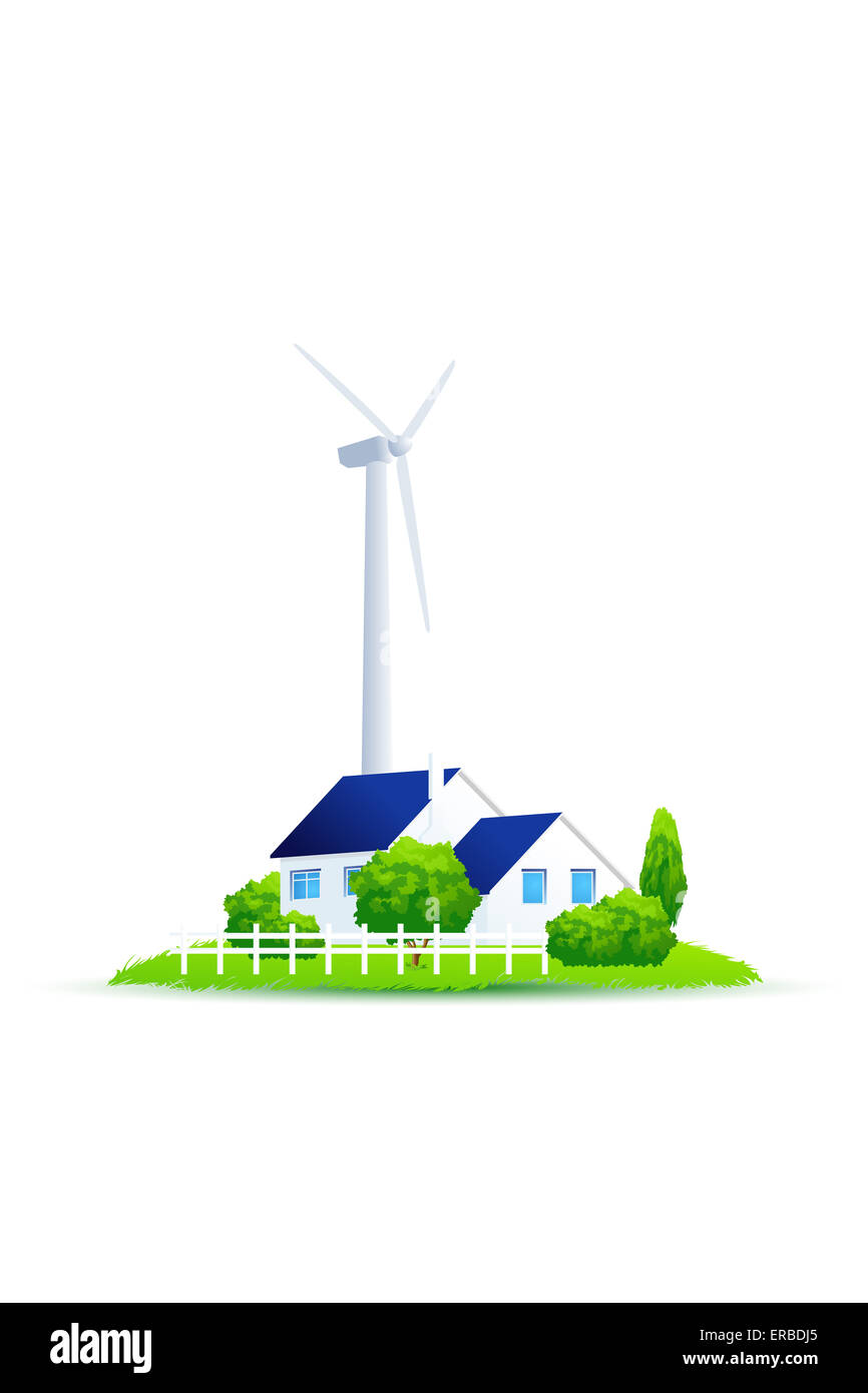 Eco House. Illustration of green energy for the house on a small plot of land. Wind Power Turbine. Isolated on white background. Stock Photo