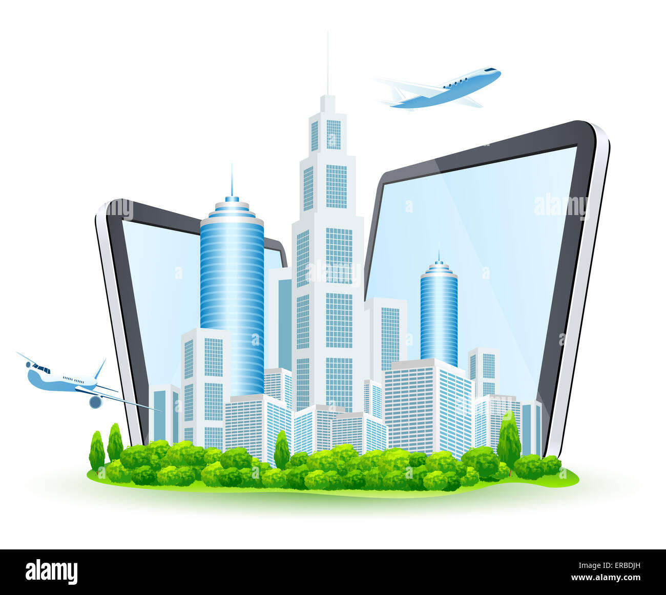 Business City with Two Tablet Computers and Two Airbuses Isolated on White Background Stock Photo