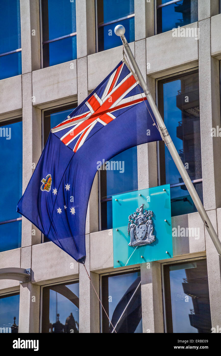 Australian flag outside entrance to The Department of Justice, Spring Street, Melbourne Australia Stock Photo