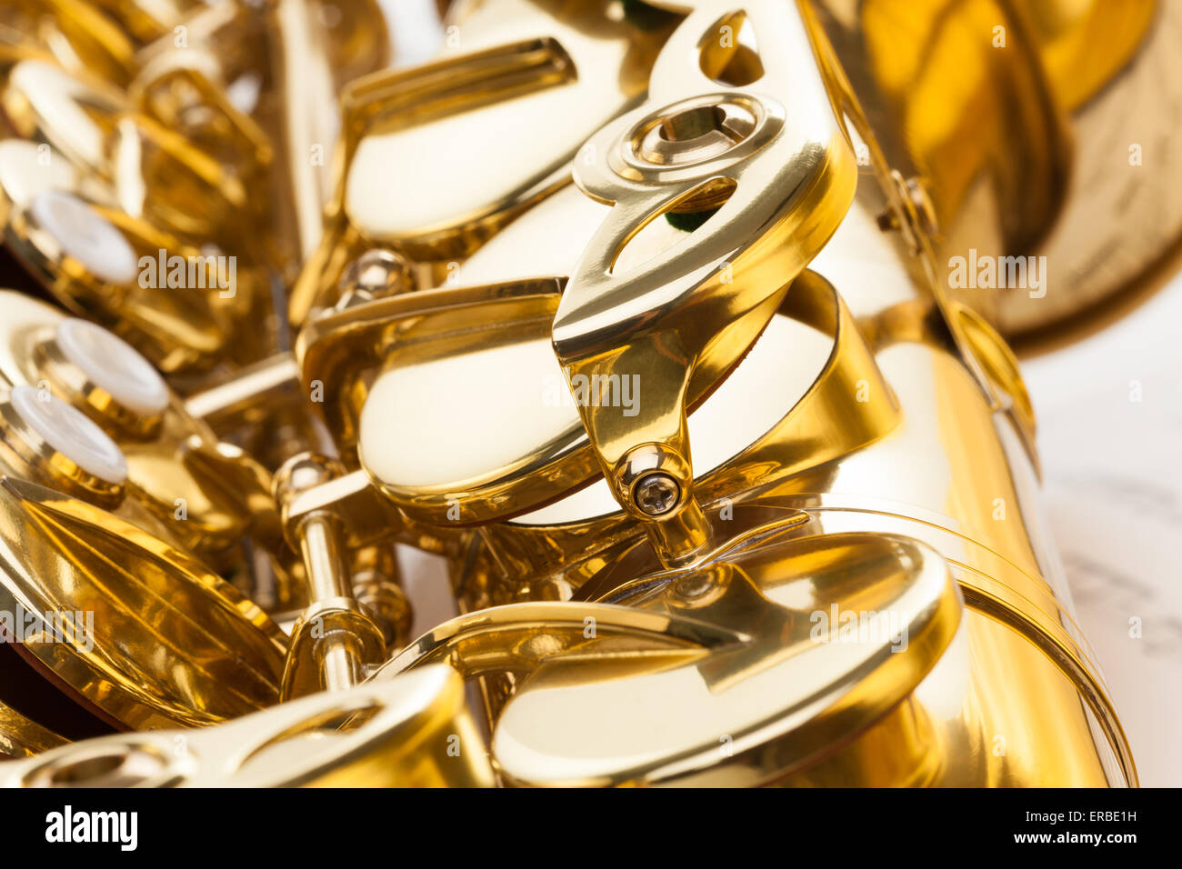 Alto saxophone fragment with detailed view of keys Stock Photo