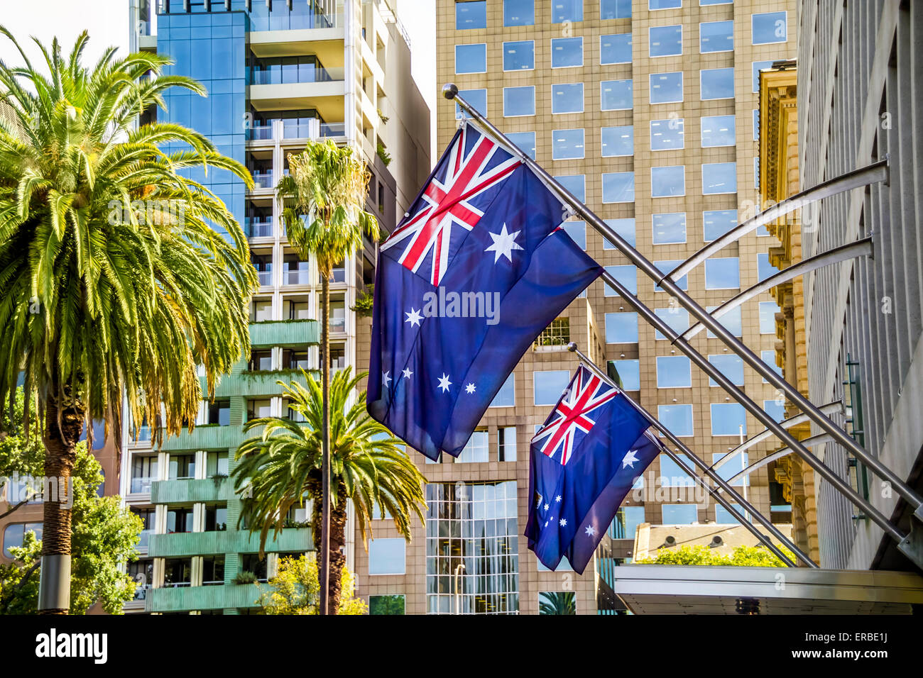 Australian flags outside Department of Justice Building Spring Street Melbourne Australia Stock Photo