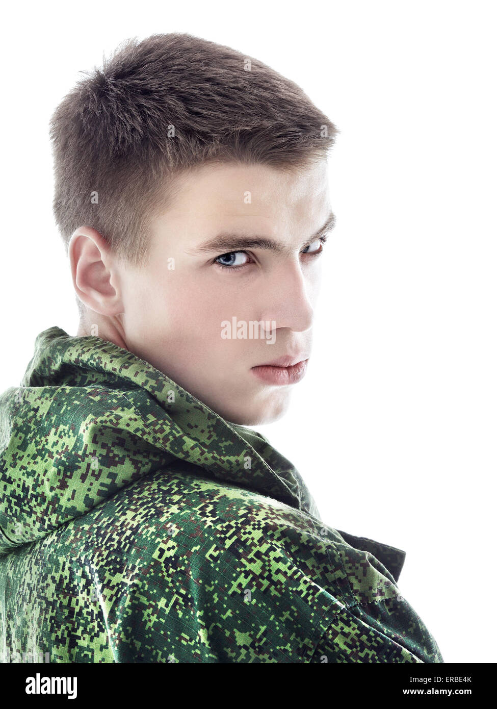 young military man, closeup portrait isolated on white Stock Photo