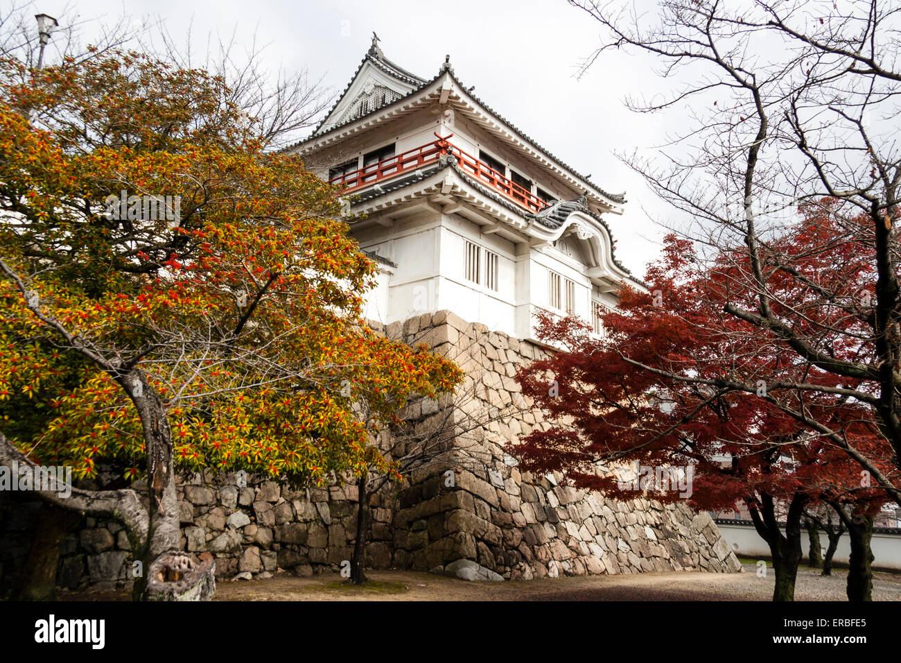 The Tsukimi yagura, moon viewing turret, at Fukuyama castle in Japan. Atop ishigaki stone wall featuring a defensive stone dropping hole, Stock Photo