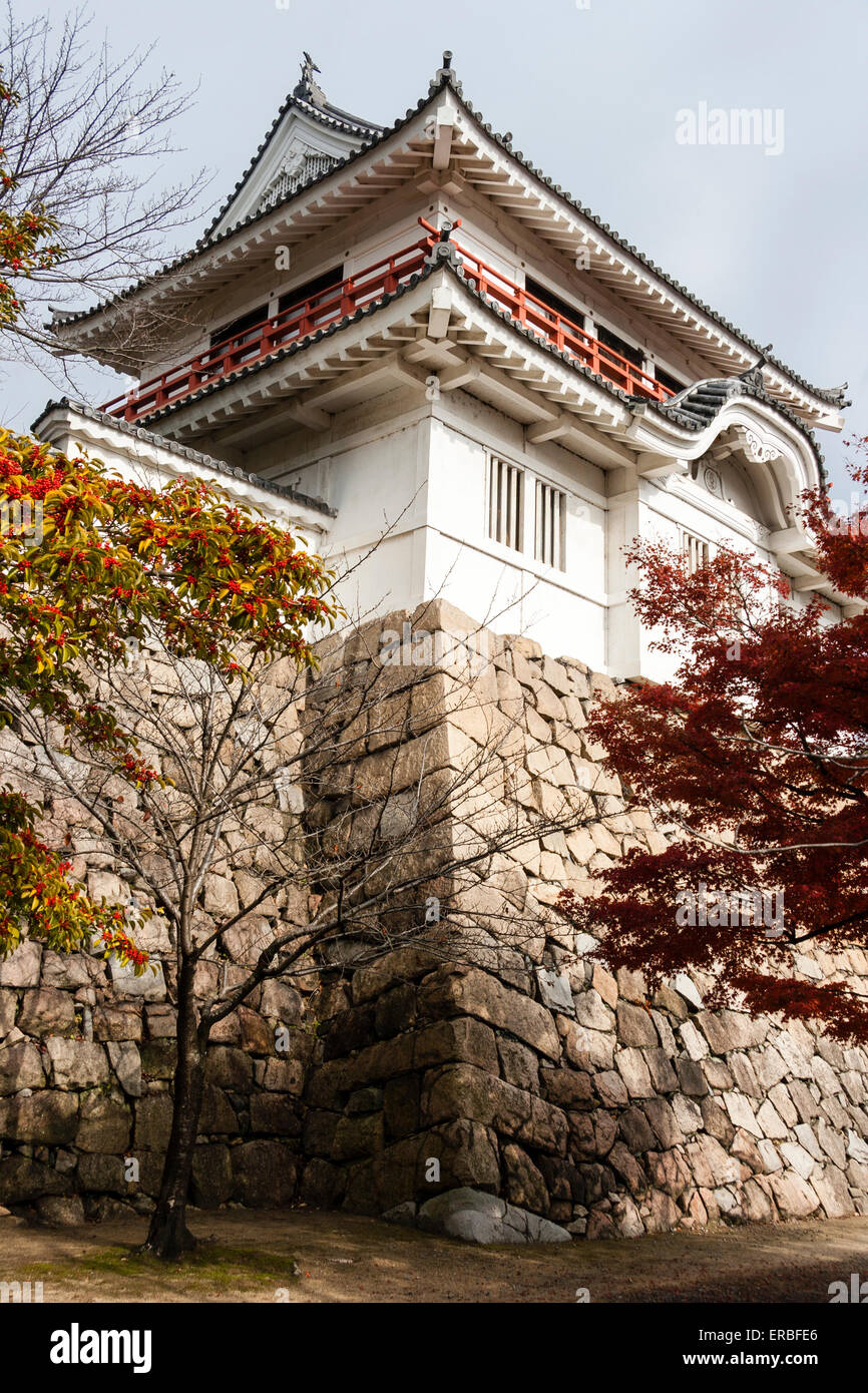The Tsukimi yagura, moon viewing turret, at Fukuyama castle in Japan. Atop ishigaki stone wall featuring a defensive stone dropping hole, Stock Photo