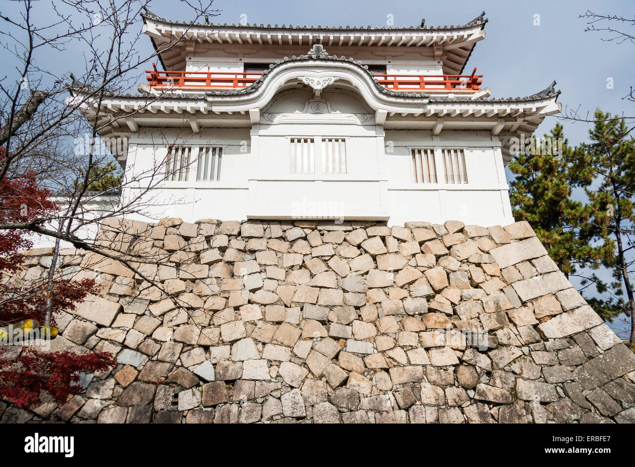 The Tsukimi yagura, moon viewing turret, at Fukuyama castle in Japan. Atop ishigaki stone wall featuring a defensive stone dropping hole, Stock Photo