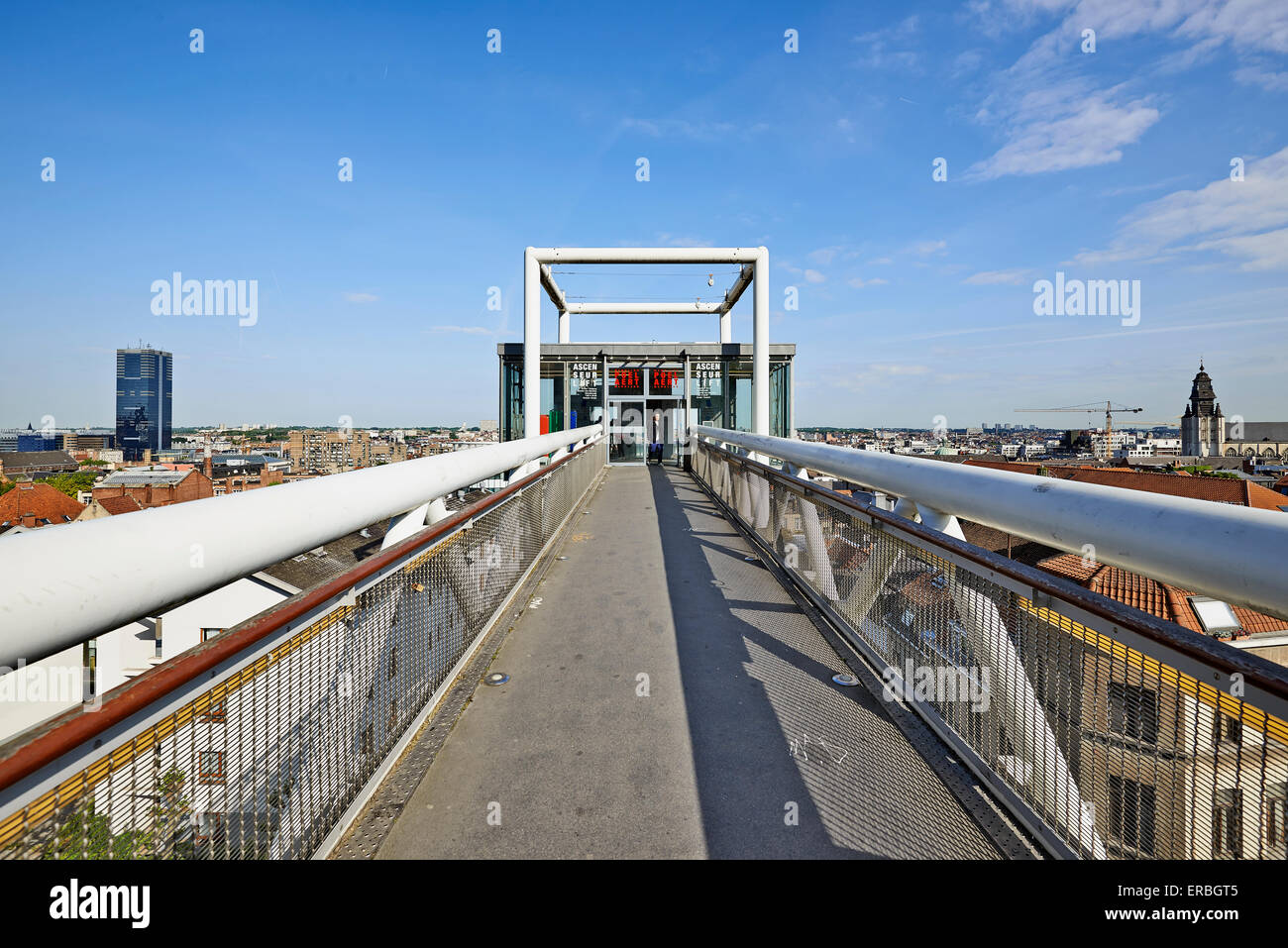 BRUSSELS, BELGIUM - MAY 27, 2015:  A man walk on  the panoramic lift Ascenseur des Marolles. It connects the Poelaert square wit Stock Photo