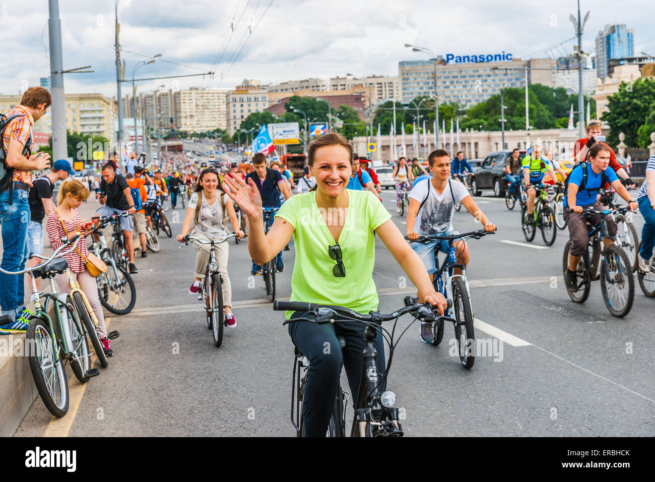 Moscow, Russia, Sunday, May 31st, 2015. 5th annual Moscow Bike Parade. The parade was organized by the Let's Bike It! project to promote the development of the bicycle infrastructure and road traffic safety in the city. Hello! Credit:  Alex's Pictures/Alamy Live News Stock Photo