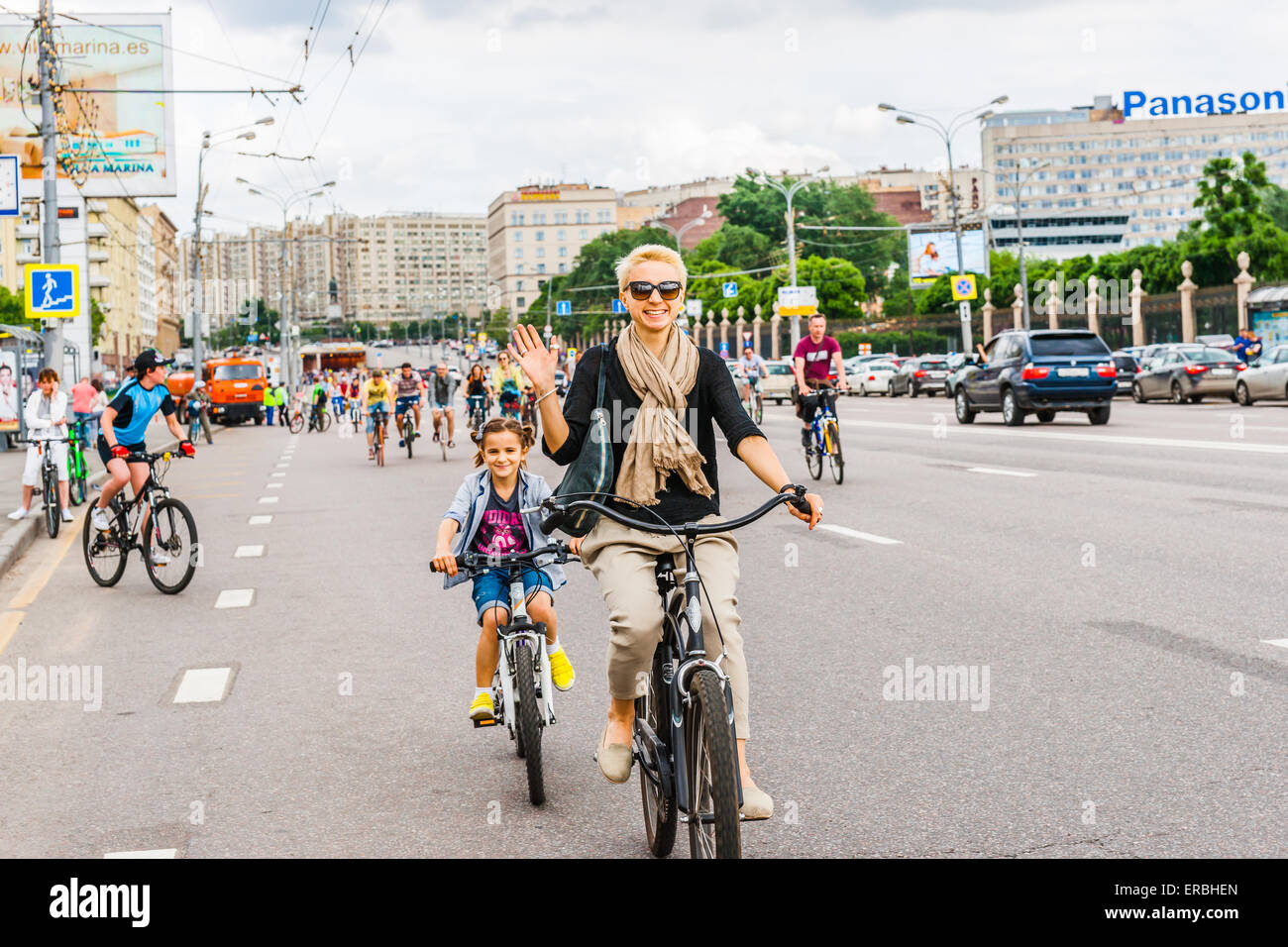 Moscow, Russia, Sunday, May 31st, 2015. 5th annual Moscow Bike Parade. The parade was organized by the Let's Bike It! project to promote the development of the bicycle infrastructure and road traffic safety in the city. Hello! Credit:  Alex's Pictures/Alamy Live News Stock Photo