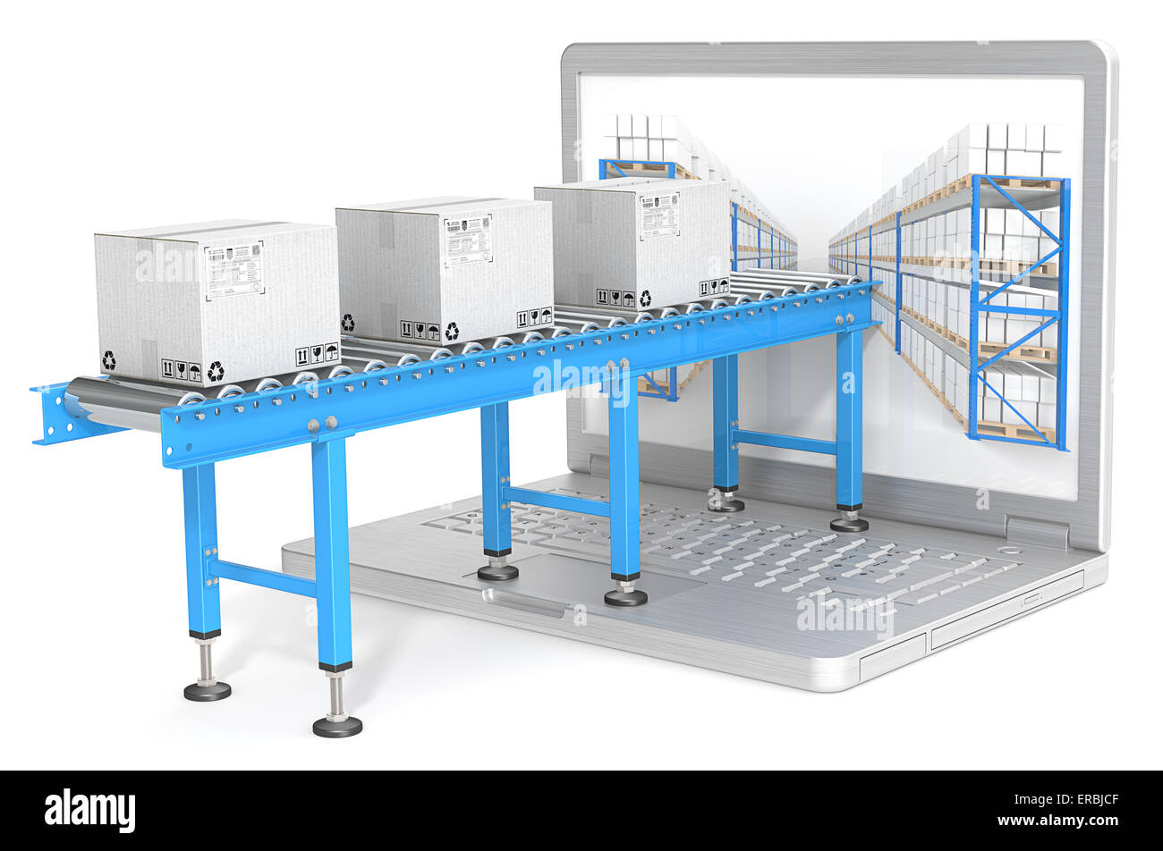 Industrial Conveyor with cardboard Boxes connected to Laptop Screen. Warehouse shelves. Stock Photo