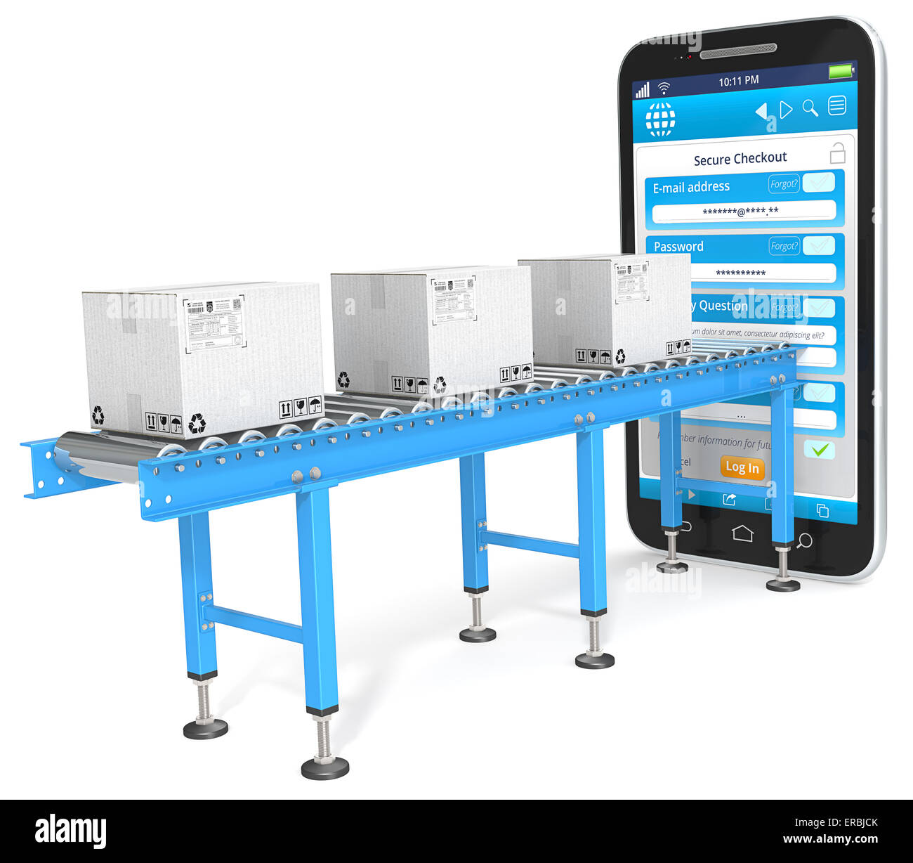 Industrial Conveyor with white cardboard Boxes connected to Smartphone. Checkout page. Stock Photo