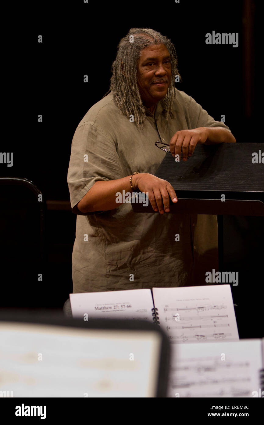 Turin, Italy. 30th May, 2015. Jazz composer James Newton speaks with orchestra after the rehearsal of his composition St Matthew Passion. The composition was an original production for Torino Jazz Festival. © Marco Destefanis/Pacific Press/Alamy Live News Stock Photo