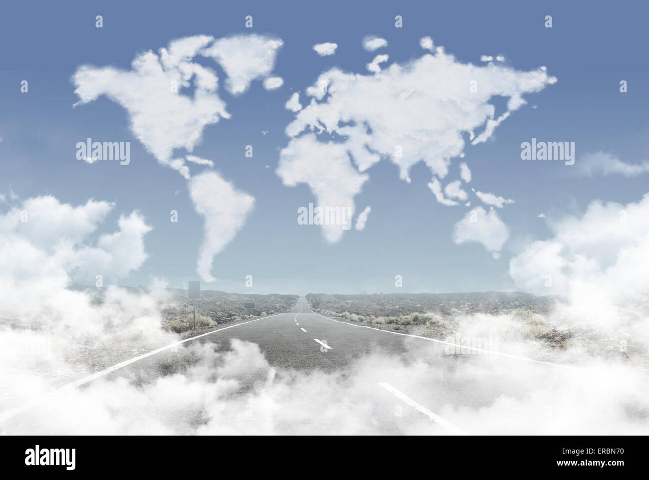 Dense clouds in the world shape above a rural road Stock Photo