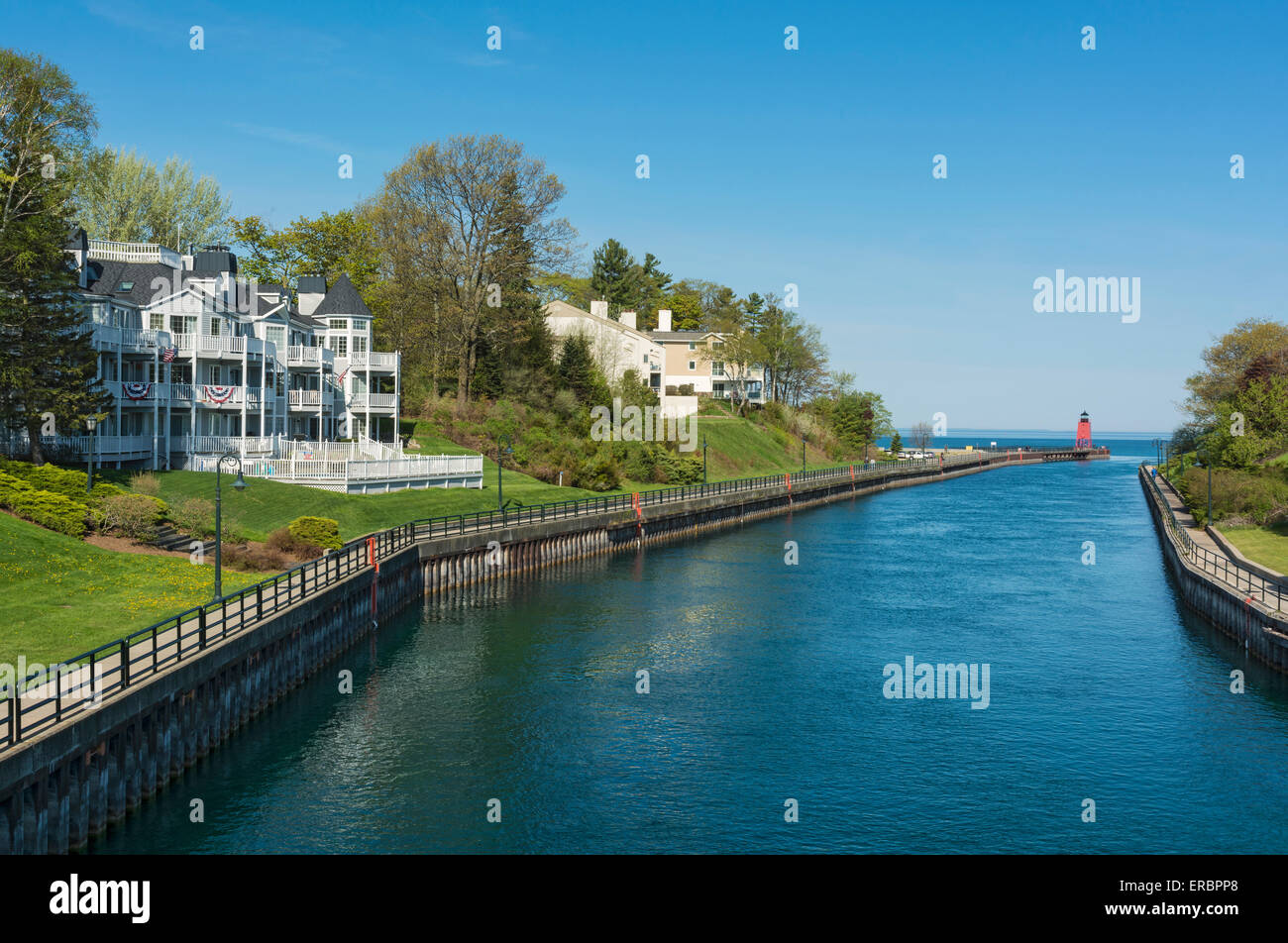 Michigan, Charlevoix, Pine River Channel passes historic lighthouse to