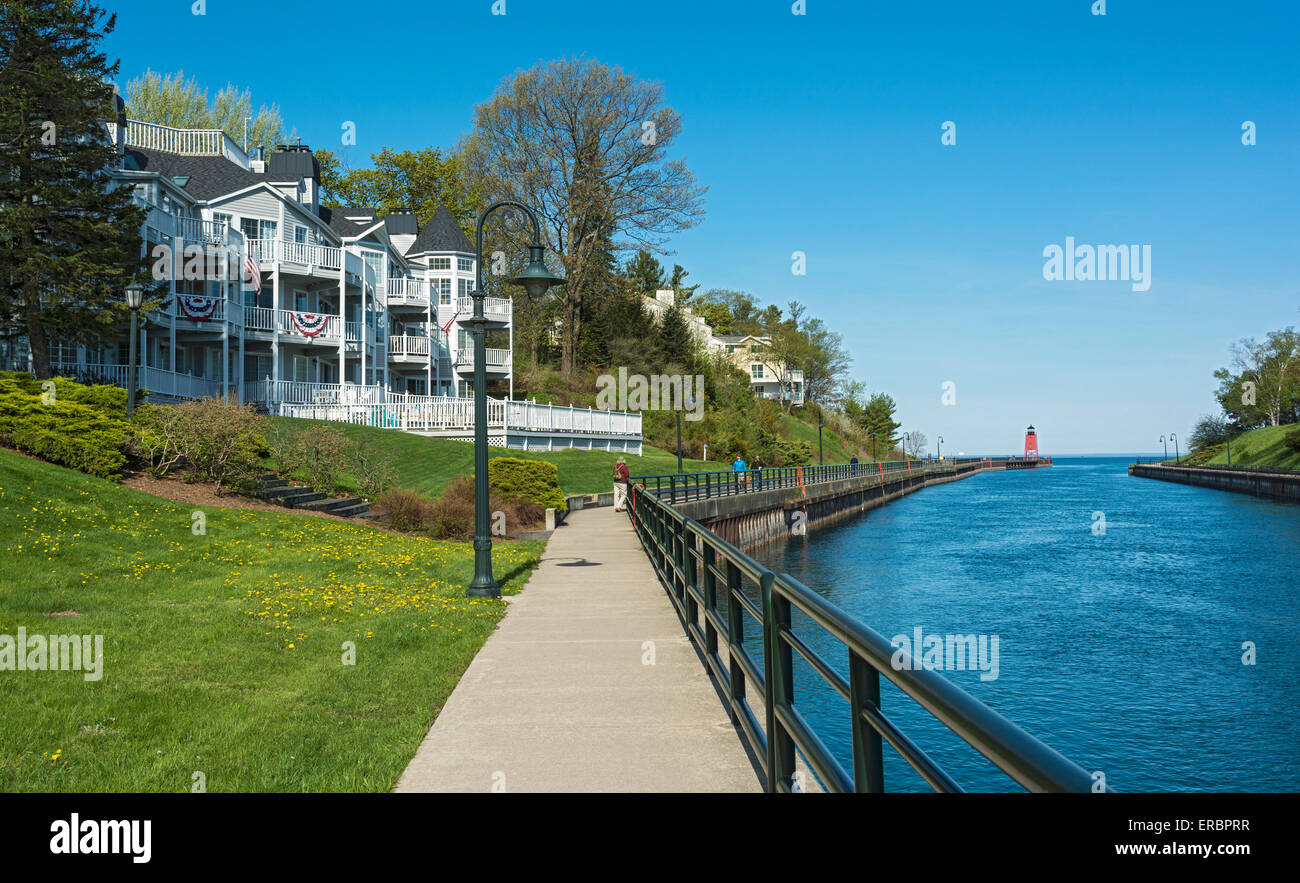 Michigan, Charlevoix, Pine River Channel passes historic lighthouse to
