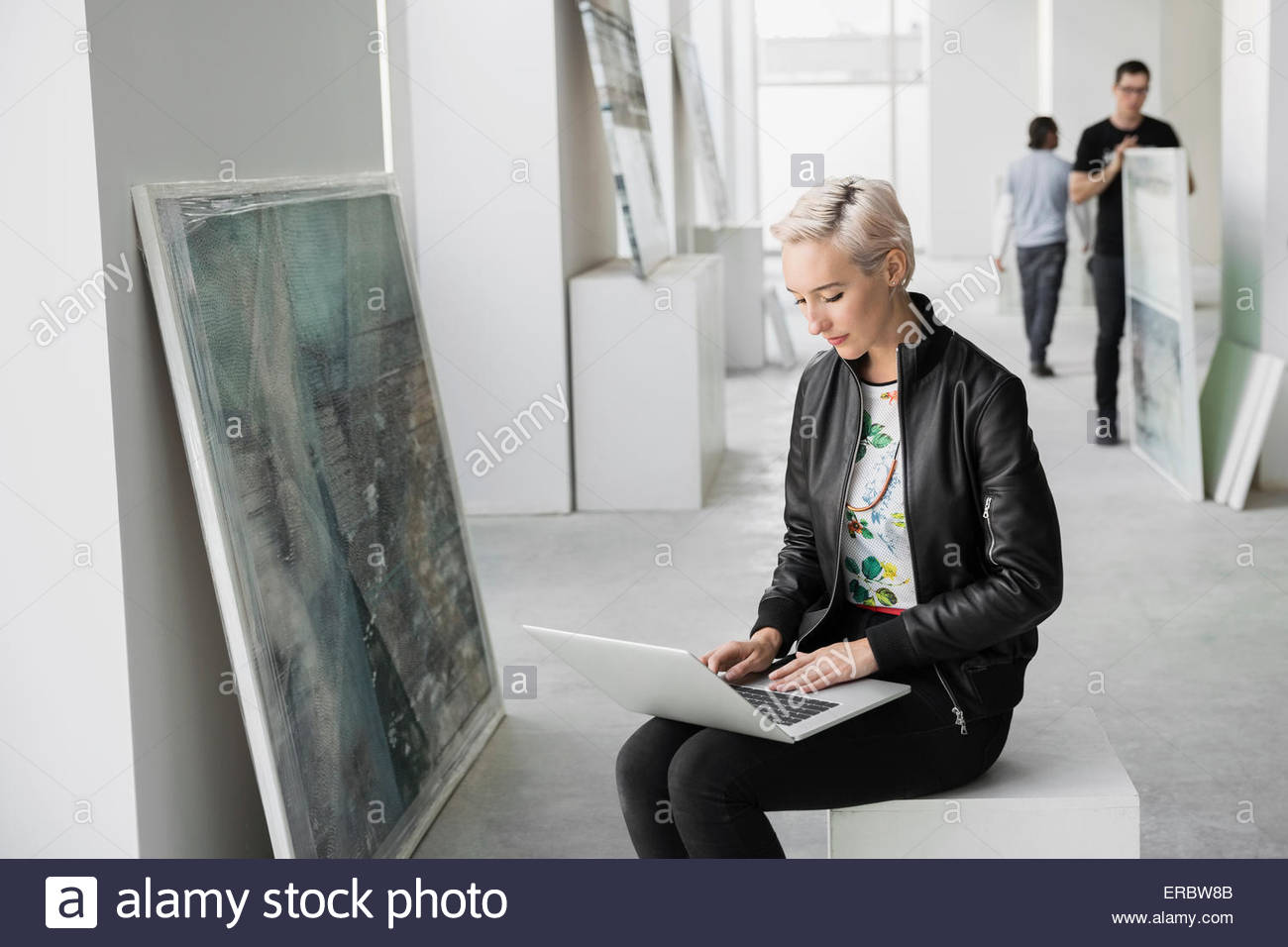 Art dealer using laptop near paintings in gallery Stock Photo Alamy