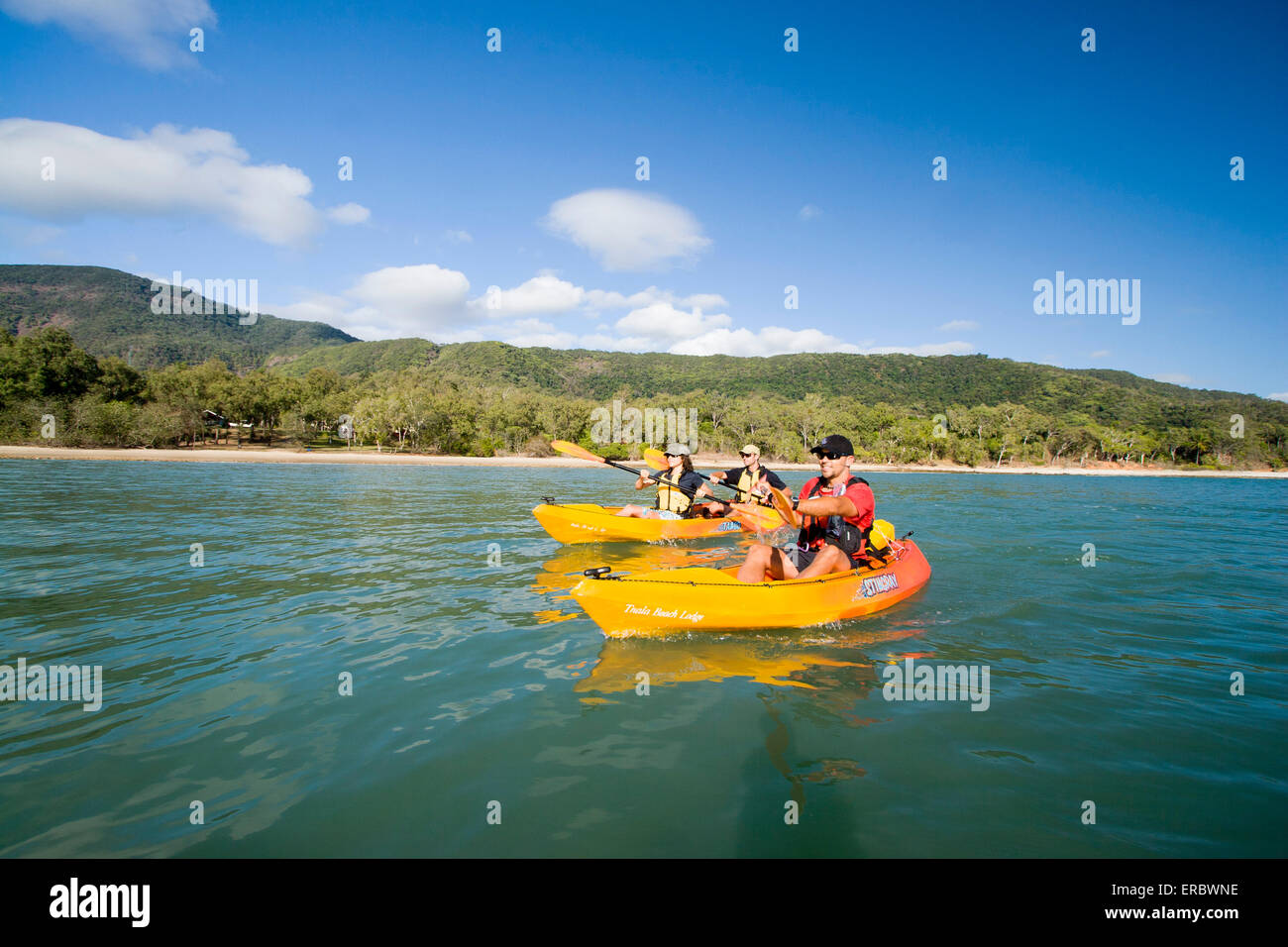 Seawater kayaking is a popular activity for visitors to far north Queensland, Australia Stock