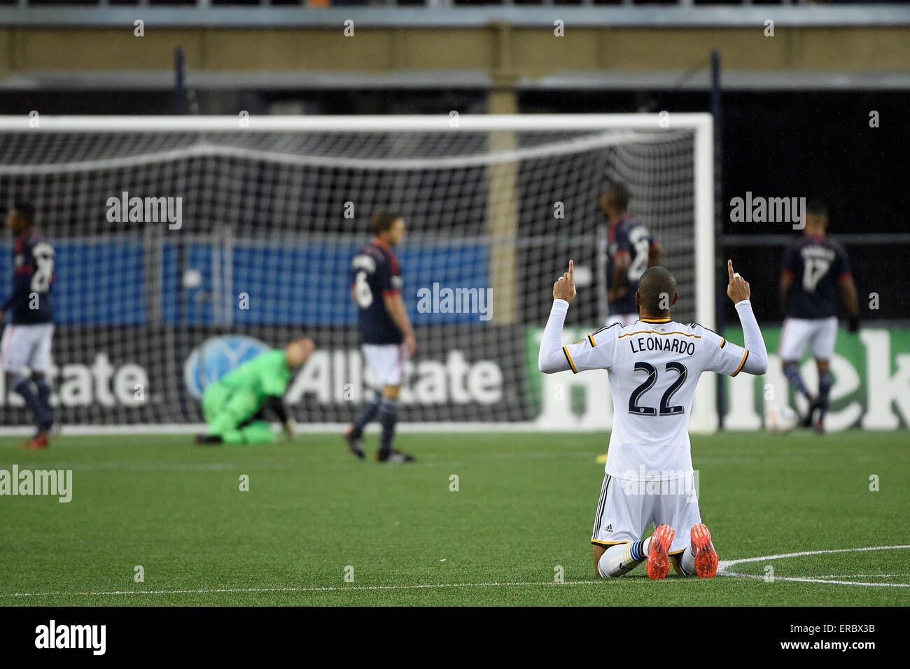 Foxborough, Massachusetts, USA. 31st May, 2015. Los Angeles Galaxy defender Leonardo (22) reacts to a teammates goal during the MLS game between Los Angeles Galaxy and the New England Revolution held at Gillette Stadium in Foxborough Massachusetts. Revolution tied Galaxy 2-2. Eric Canha/CSM/Alamy Live News Stock Photo