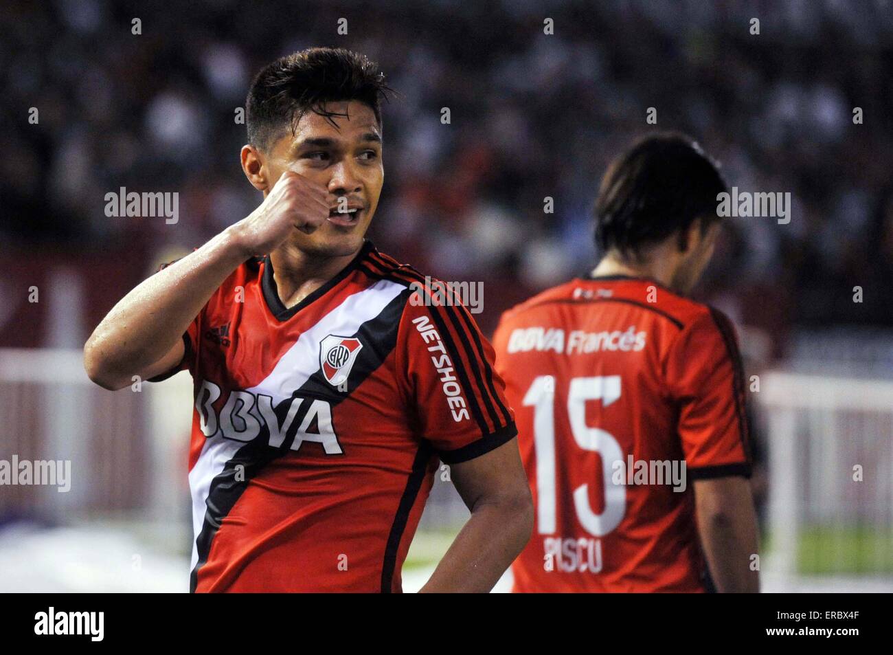 Buenos Aires, Argentina. 31st May, 2015. Teofilo Gutierrez (L) of River Plate celebrates scoring against Rosario Central during a match in Buenos Aires, Argentina, on May 31, 2015. © Maximiliano Luna/TELAM/Xinhua/Alamy Live News Stock Photo