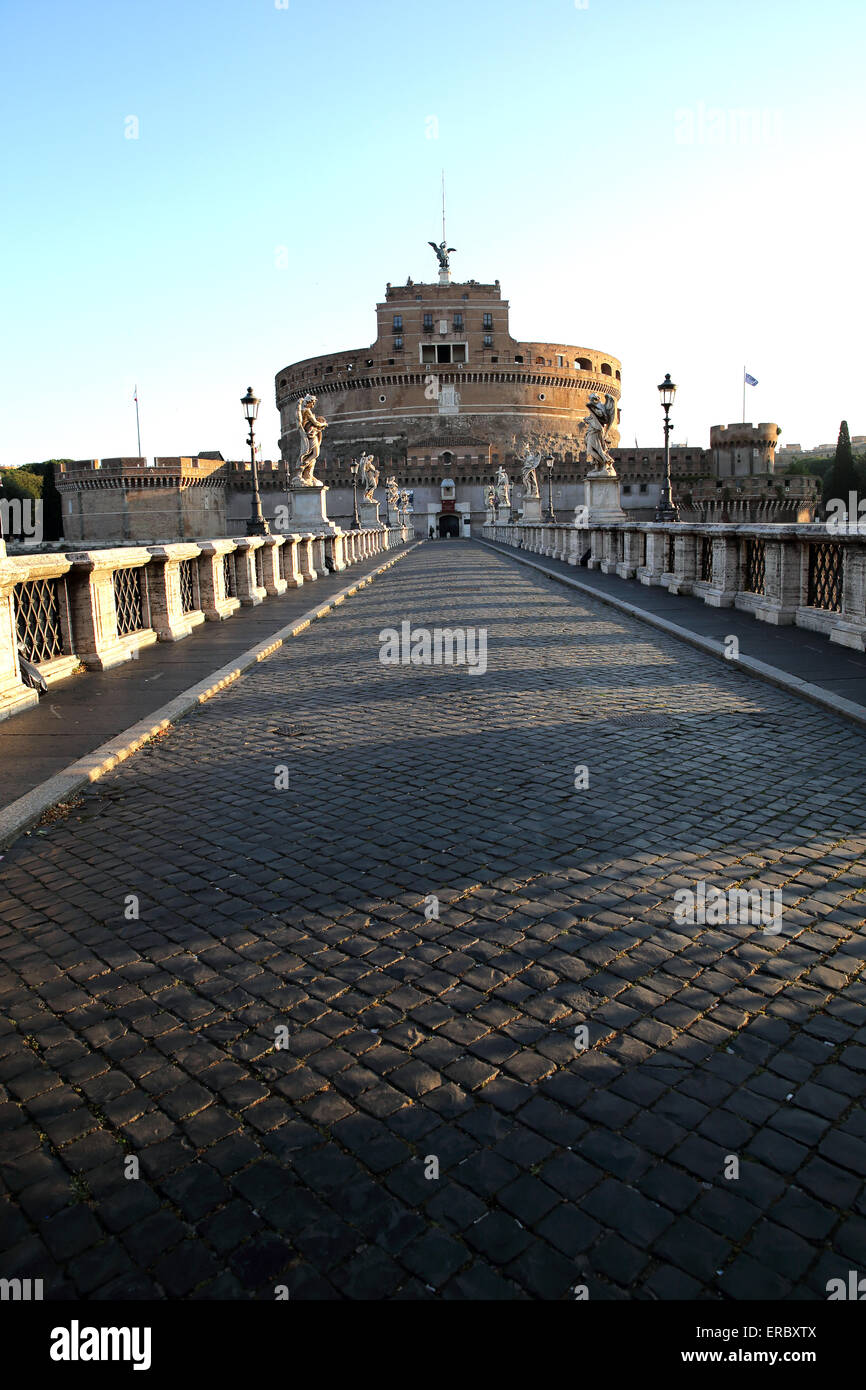 Angel statues line Ponte Sant'Angelo across the Tiber River to Castel Sant'Angelo in Vatican City. Stock Photo
