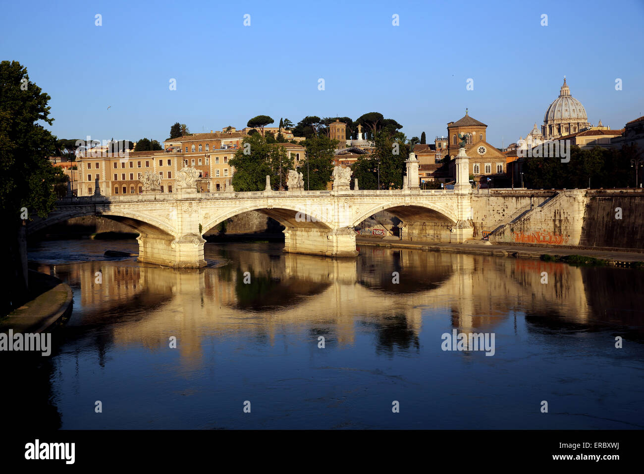 Looking across the Tiber River and Ponte Vittorio Emanuele to Vatican City. Stock Photo