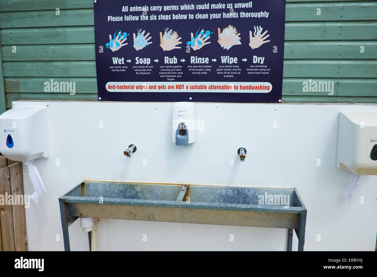 Hand Wash Station For Visitors To Use After Feeding The Animals Cotswold Farm Park Bemborough Farm Kineton UK Stock Photo