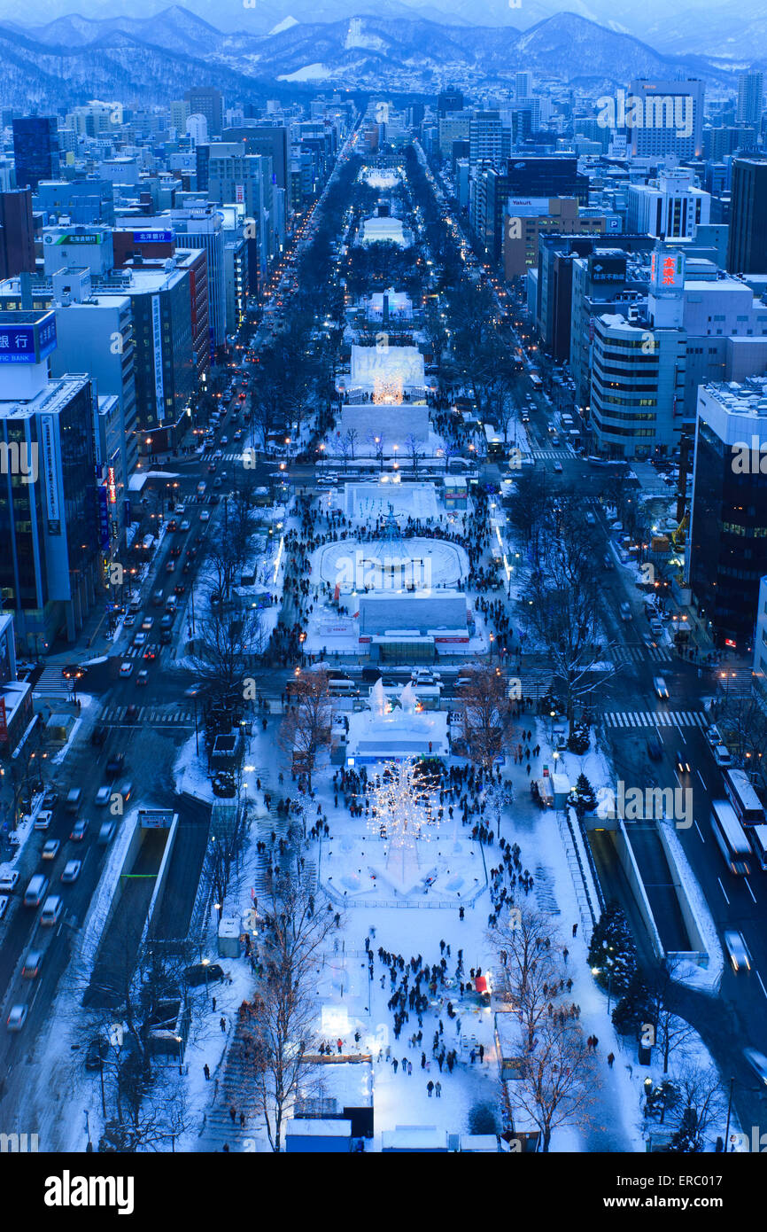 The view looking down Odori Park during the winter Snow Festival from