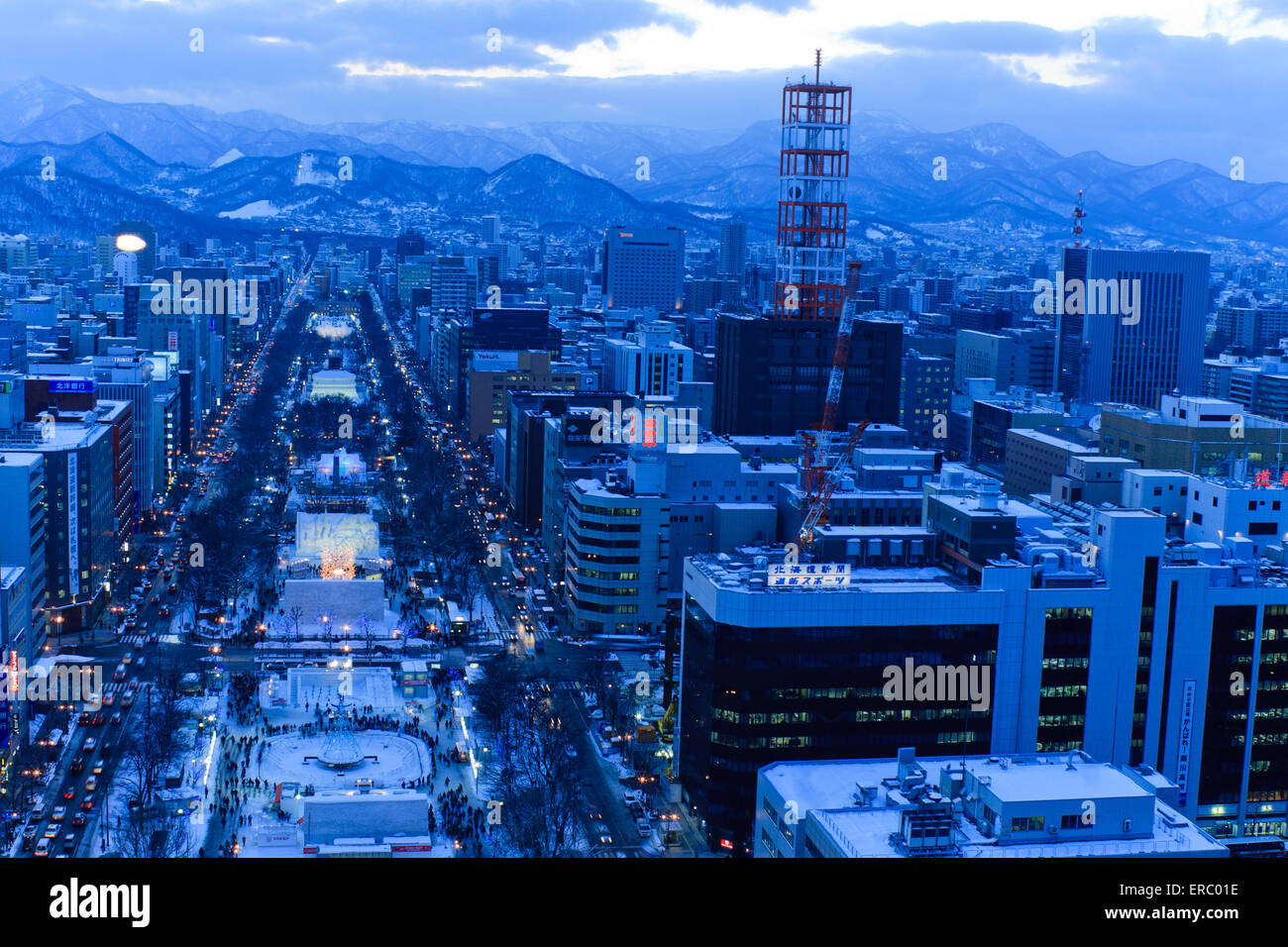 The view looking down Odori Park during the winter Snow Festival from