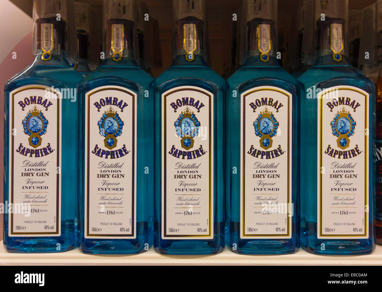 A supermarket display of bottles of Bombay Sapphire Blue London Gin Stock Photo