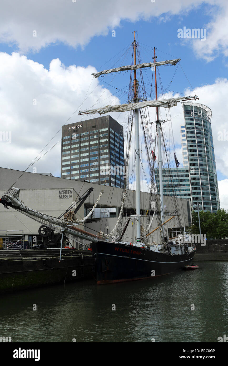 The Wylde Swan rigged sailing ship in Rotterdam, the Netherlands. The ship is moored outside the Maritime Museum. Stock Photo