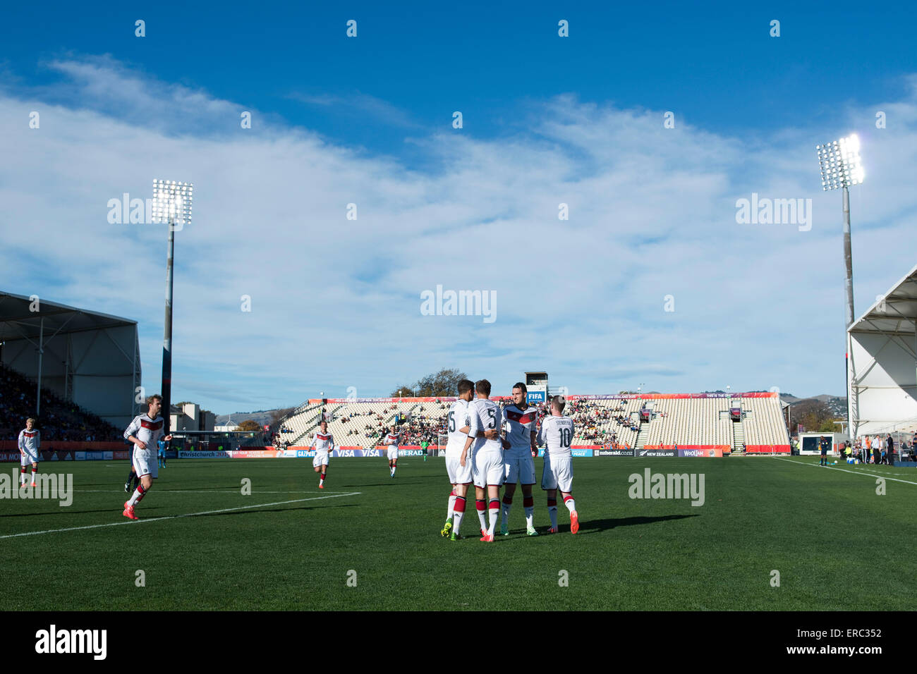 Christchurch, New Zealand, Feature, Highlight. 1st June, 2015. Christchurch, New Zealand - June 1, 2015 - General view of AMI Stadium while Levin Oeztunali of Germany (M) and his teammates celebrating a goal during the FIFA U20 World Cup Group F match between Germany and Fiji at AMI Stadium on June 1, 2015 in Christchurch, New Zealand, Feature, Highlight. Credit:  dpa/Alamy Live News Stock Photo
