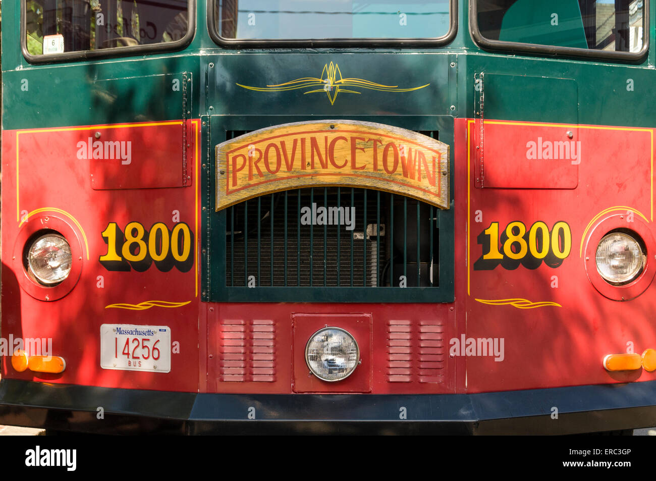 Close up of the front of the tourist trolley bus in Provincetown, Cape Cod. Stock Photo