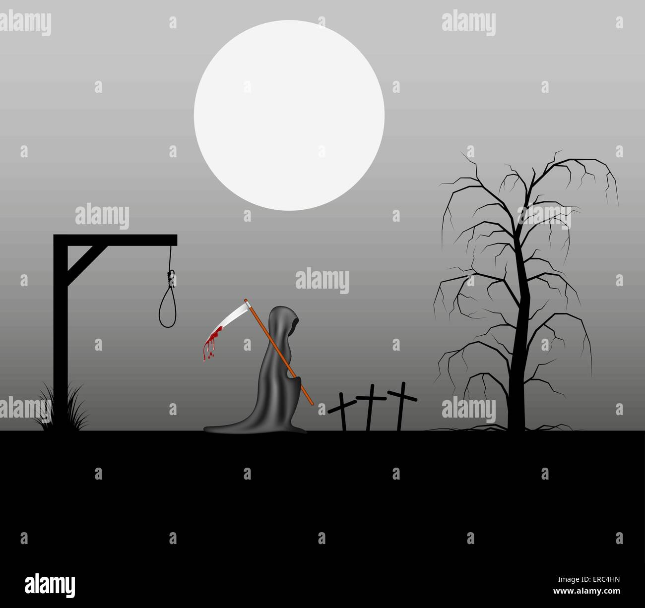Spooky background with grim reaper with bloody scythe in a cemetery Stock Vector