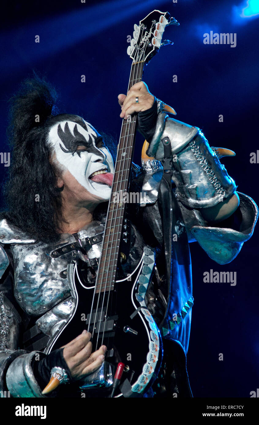 Gelsenkirchen, Germany. 31st May, 2015. Gene Simmons, singer and bassist of US Hard Rock band Kiss performs during the music festival 'Rock im Revier' at Veltins arena in Gelsenkirchen, Germany, 31 May 2015. Photo: Friso Gentsch/dpa/Alamy Live News Stock Photo