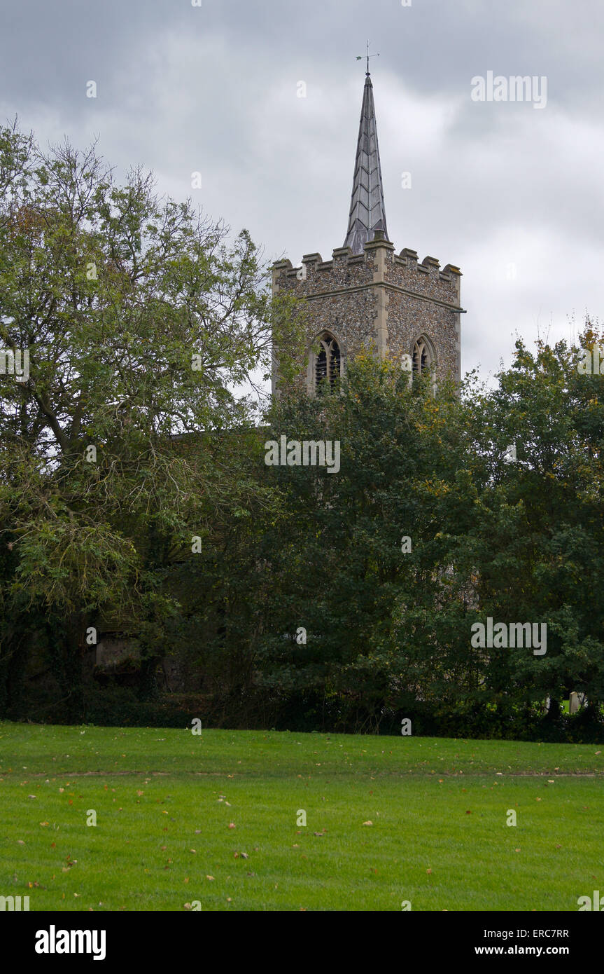 St. Edmund's Church tower and spire,  Abbess Roding (or Abbot's Roding), Essex, England Stock Photo