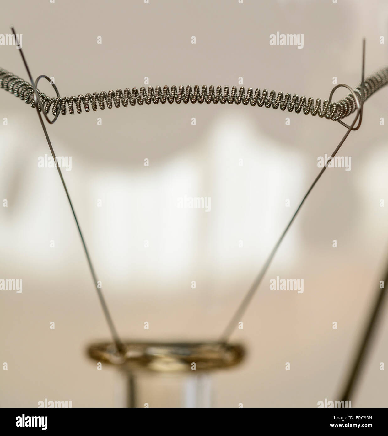 Coiled filament of an incandescent electric light bulb, turned off