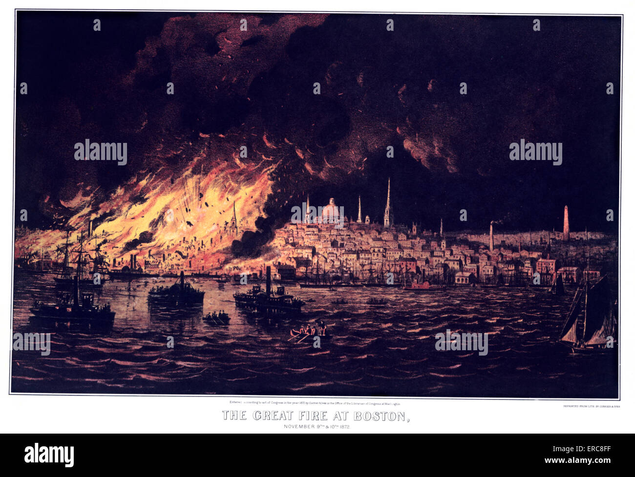 1870s THE GREAT FIRE AT BOSTON - CURRIER & IVES LITHOGRAPH - NOVEMBER 9TH & 10TH 1872 Stock Photo