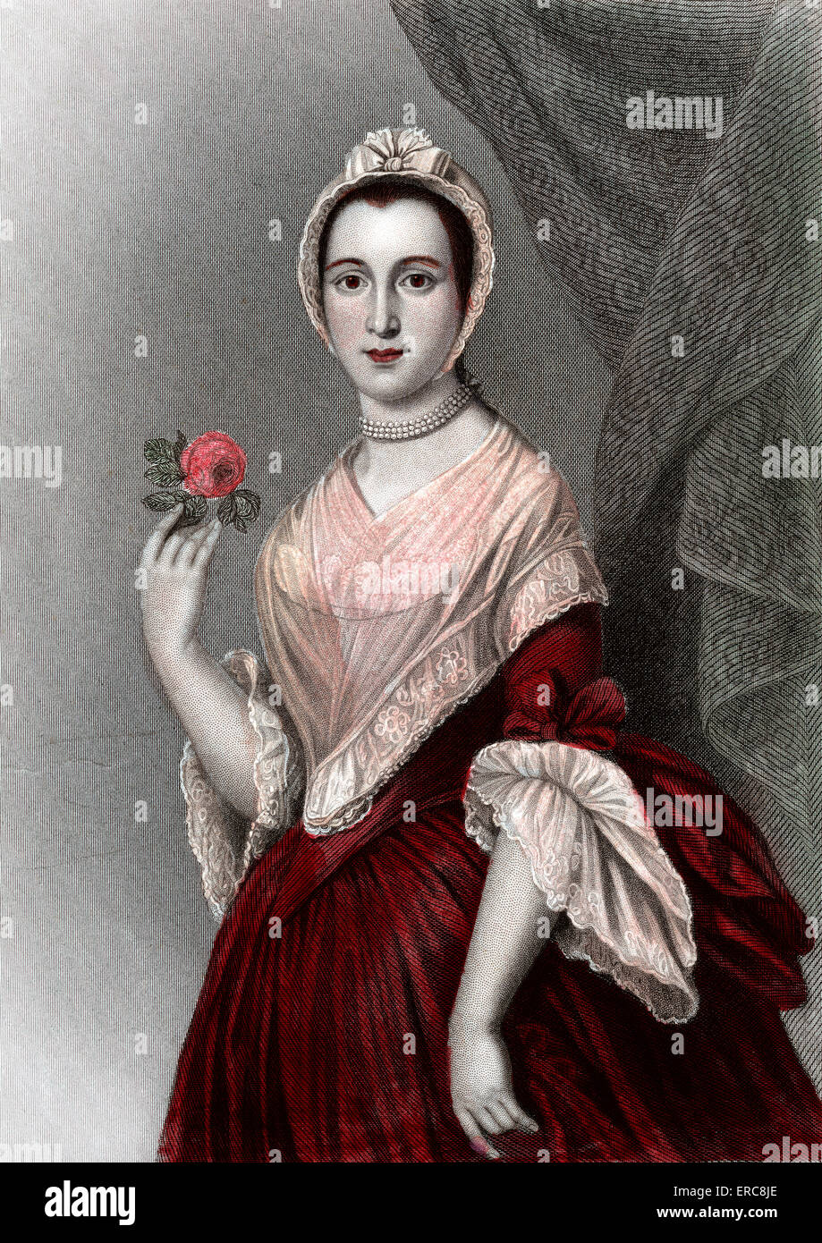 1700s 1750s JANE KETELTAS BEEKMAN WIFE OF JAMES BEEKMAN WEALTHY NEW YORKER WEARING PINK DRESS WITH RED SHAWL HOLDING RED ROSE Stock Photo
