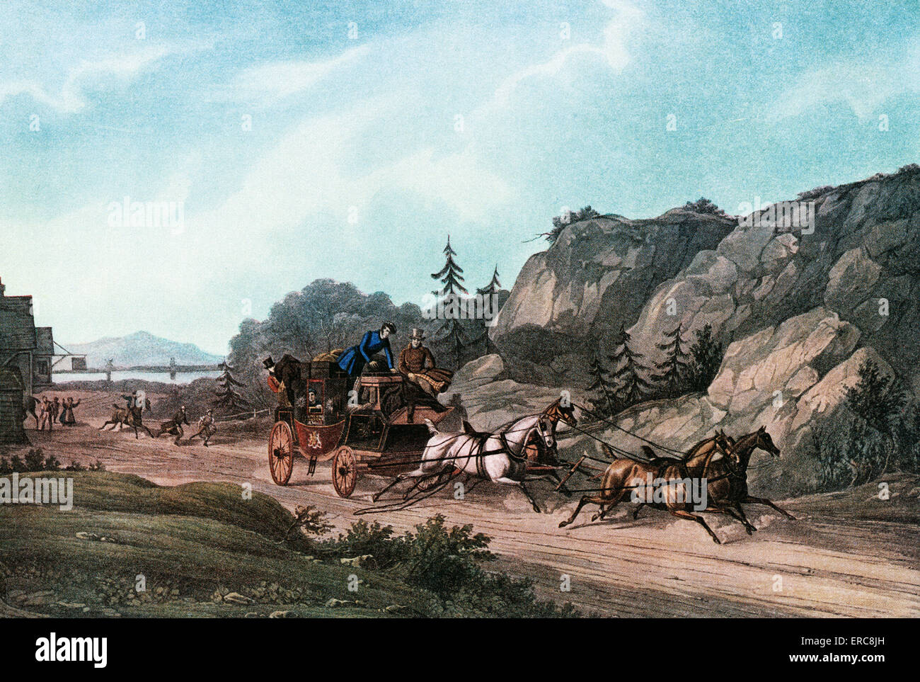 1860s PASSENGERS ABOARD A RUNAWAY STAGECOACH Stock Photo