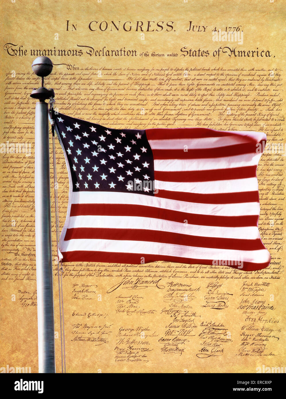 COMPOSITE OF THE AMERICAN FLAG AND THE DECLARATION OF INDEPENDENCE JULY 4 1776 Stock Photo