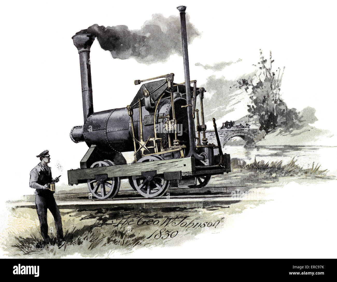 1800s 1830 GEORGE W. JOHNSON STEAM ENGINE ON RAILROAD TRACK Stock Photo