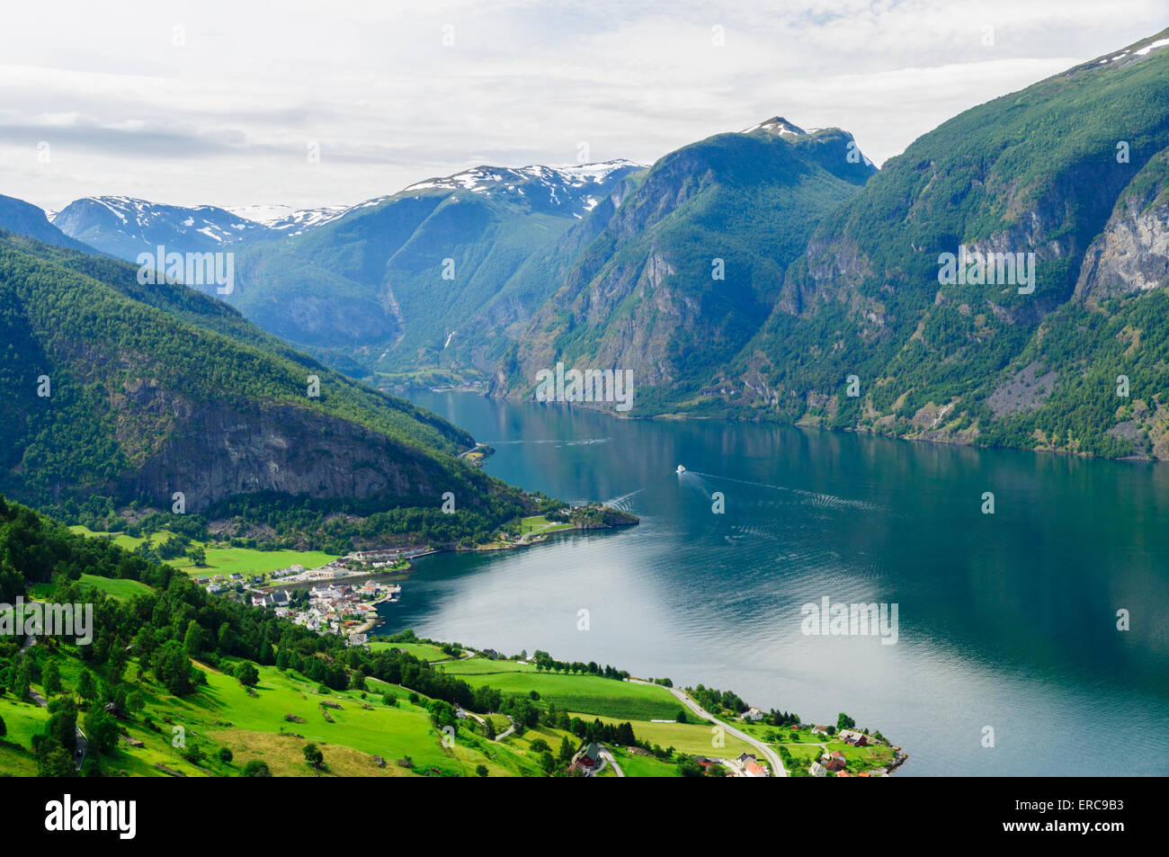 Summer view at Aurland town on the shore of Aurlandsfjord, Norway Stock Photo
