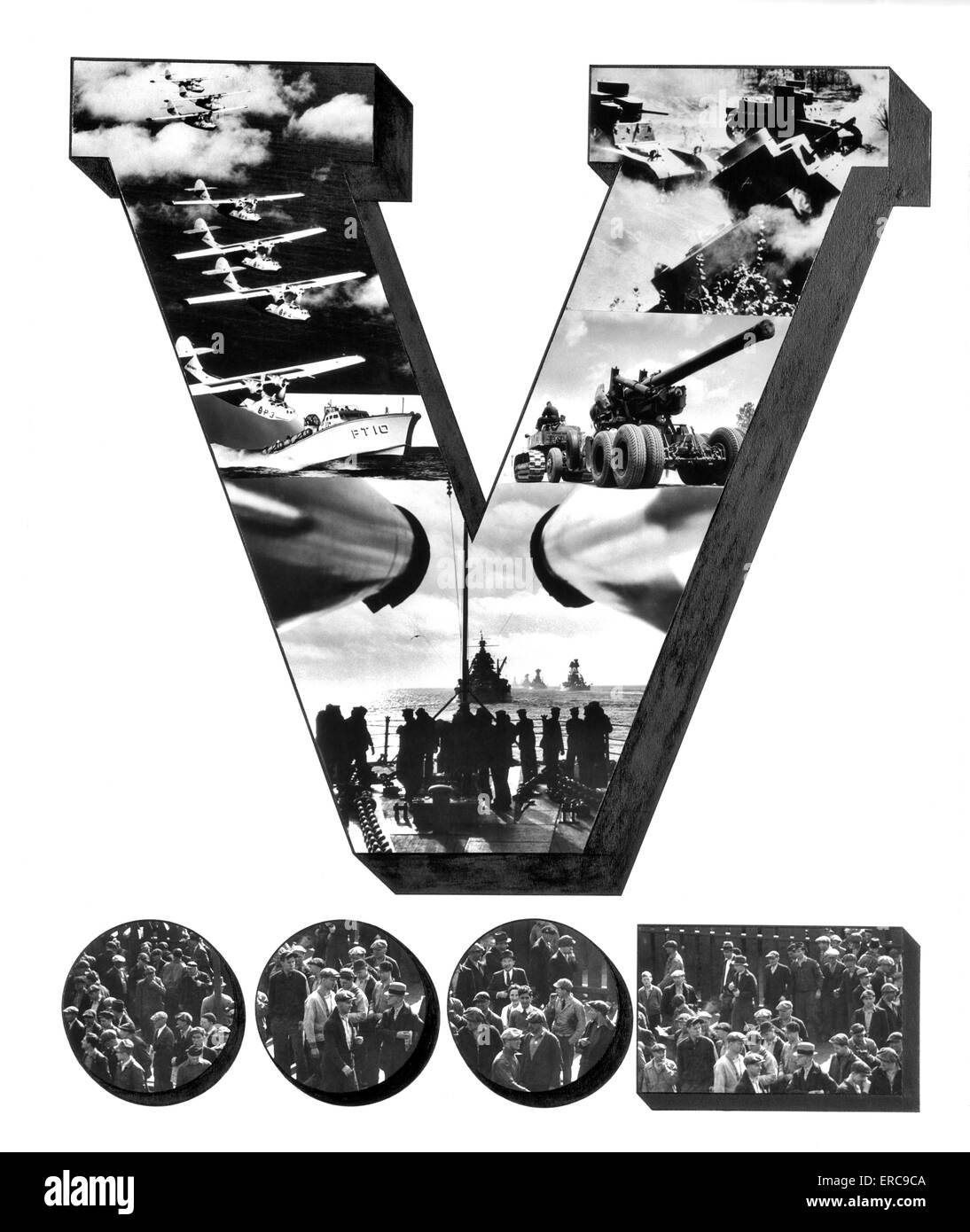 1940s V FOR VICTORY MONTAGE OF WORLD WAR II SCENES OF PLANES TANKS SHIPS ARTILLERY WEAPONS OF WAR AND PEOPLE WHO PRODUCE THEM Stock Photo