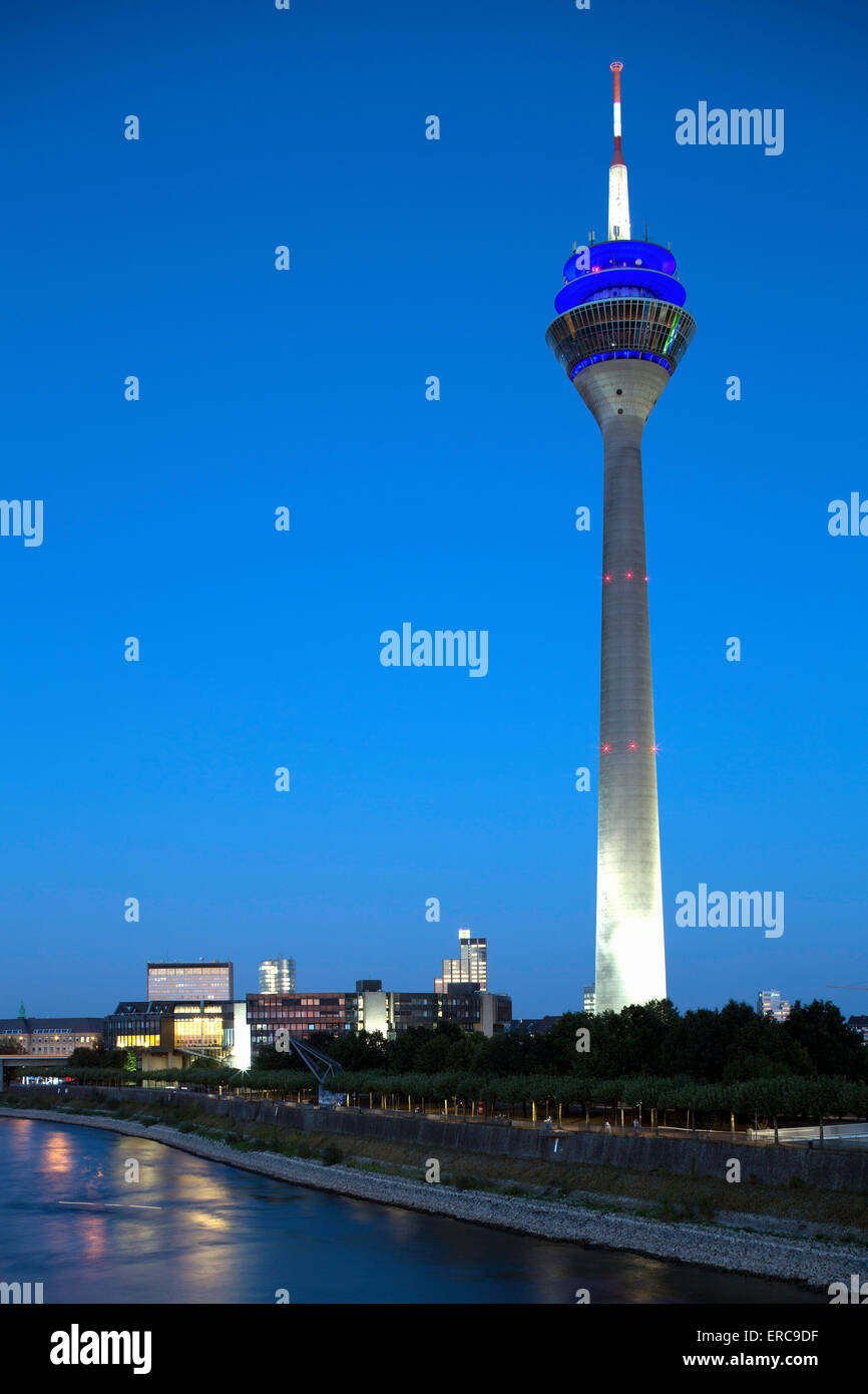 Düsseldorf Rheinturm telecommunications tower, Düsseldorf, Rhineland, North Rhine-Westphalia, Germany Stock Photo