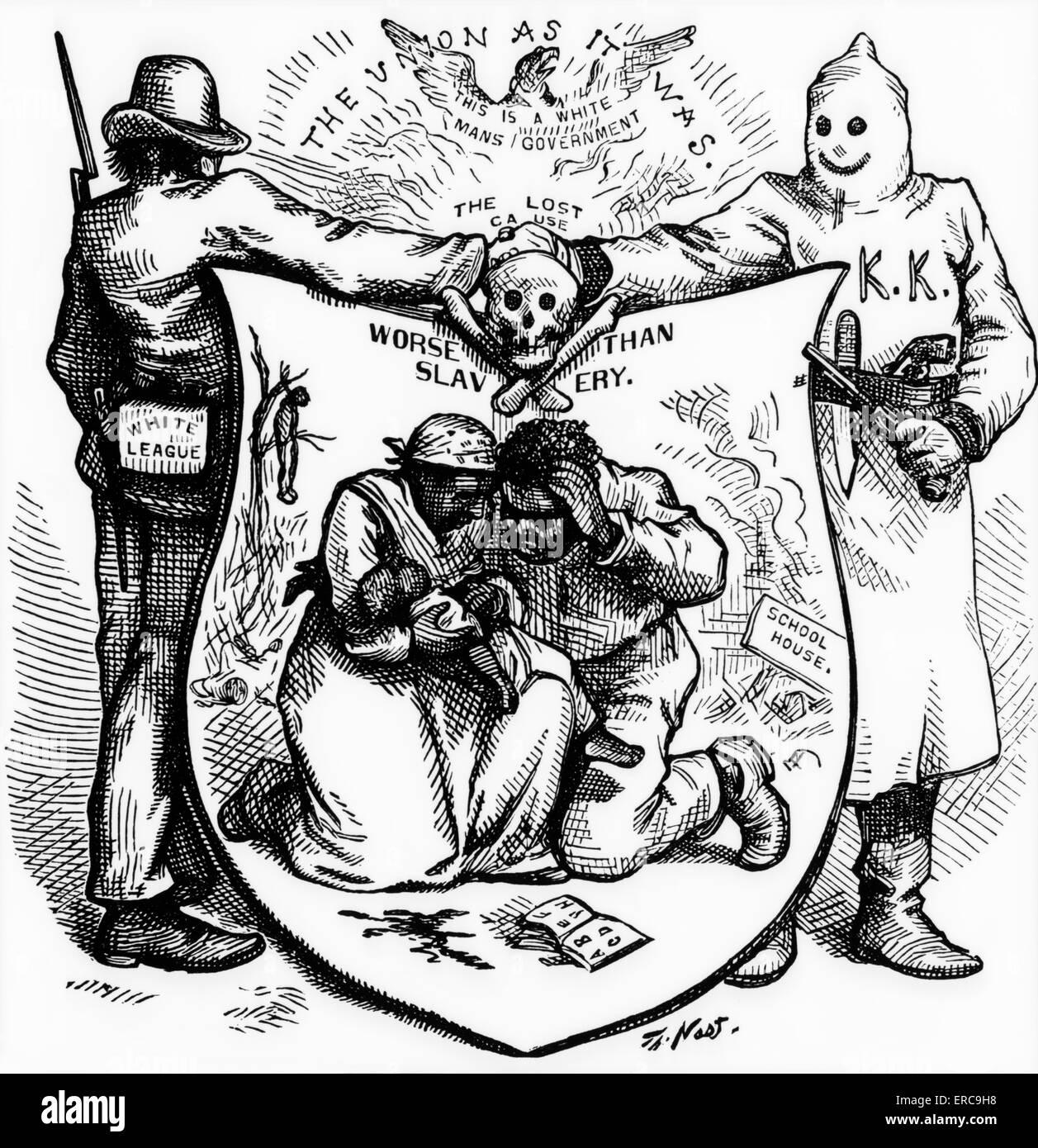 CARTOON AFRICAN AMERICAN EX-SLAVE FAMILY BEING TERRIFIED BY KKK KU KLUX KLAN AND WHITE CAUCASIAN  SUPREMACIST Stock Photo