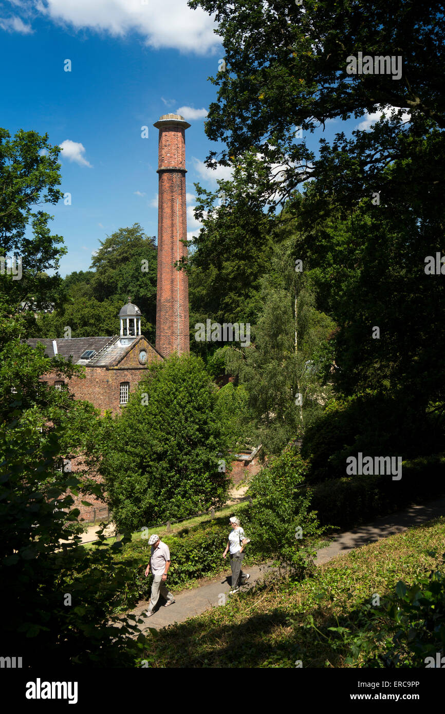UK, England, Cheshire, Styal, Quarry Bank Mill, chimney above bell and clock Stock Photo