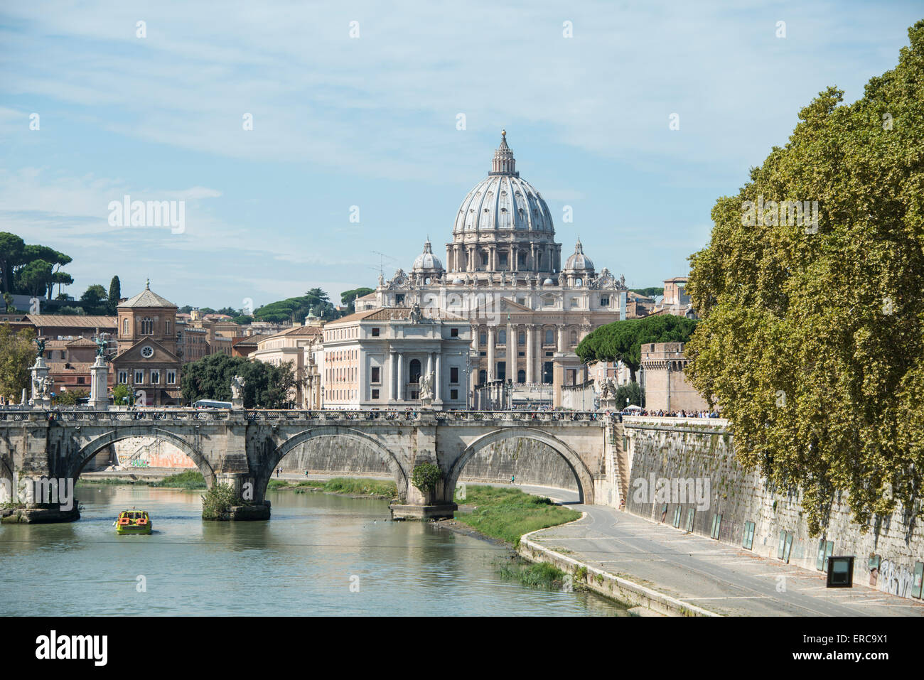 View of Ponte Sant'Angelo across the Tiber to St. Peter's Basilica, Rome, Lazio, Italy Stock Photo