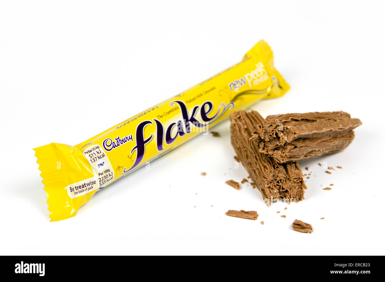 Cadbury flake chocolate bar on white background with open broken bar by the side Stock Photo
